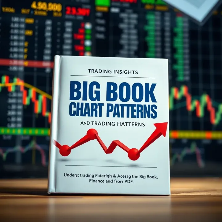 Cover of the Big Book of Chart Patterns with a background showing stock market charts and trading graphs