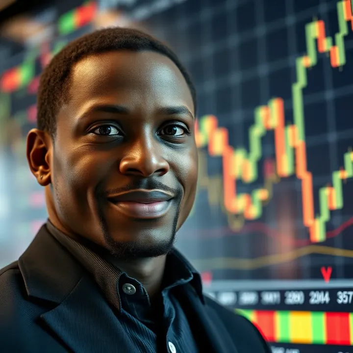 Portrait of Sandile Shezi with financial charts and trading symbols in the background