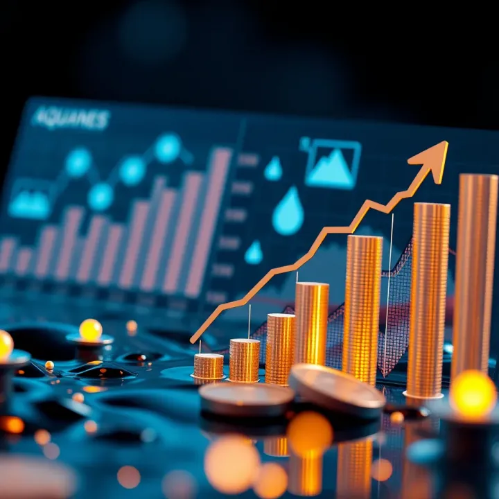 Visual representation of financial growth linked to water management projects with charts and water symbols