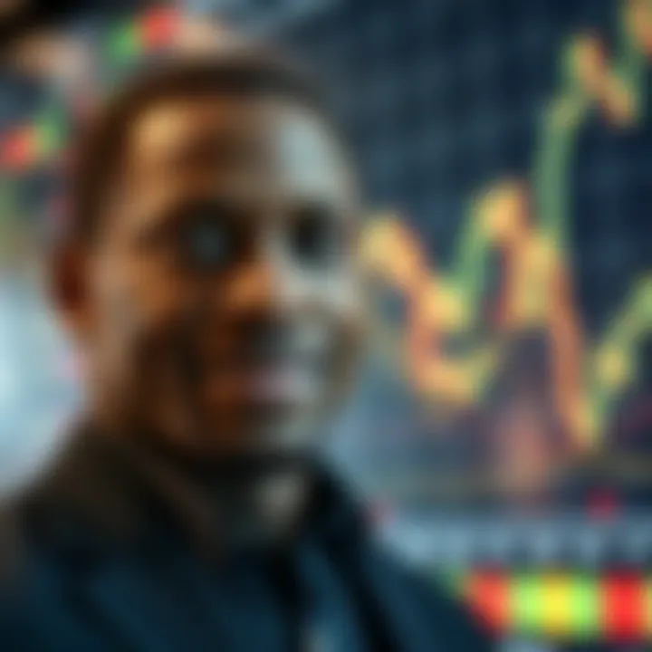 Portrait of Sandile Shezi with financial charts and trading symbols in the background