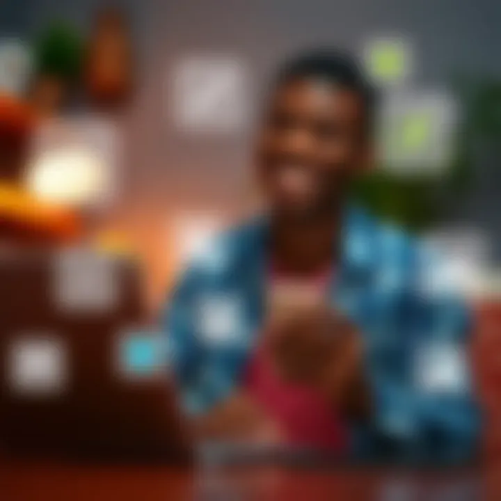 Nigerian student using a laptop and smartphone, surrounded by icons representing freelancing, surveys, selling, and tutoring apps