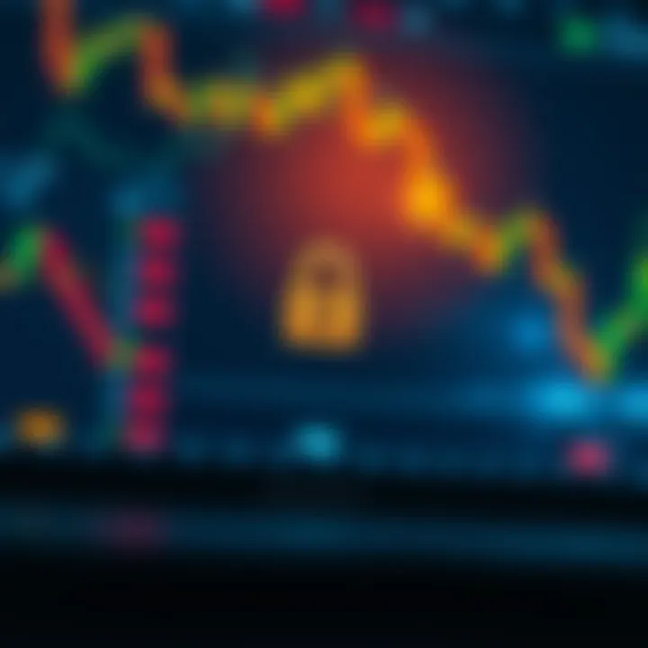 Illustration of a secure digital trading platform with padlock symbol and financial charts