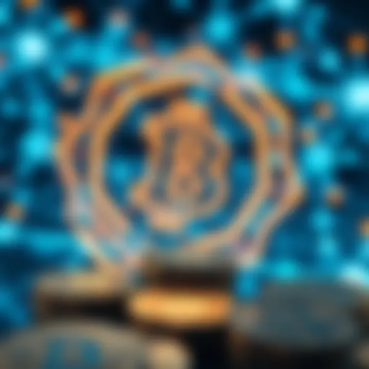 Illustration of digital cryptocurrency coins with a secure blockchain network in the background