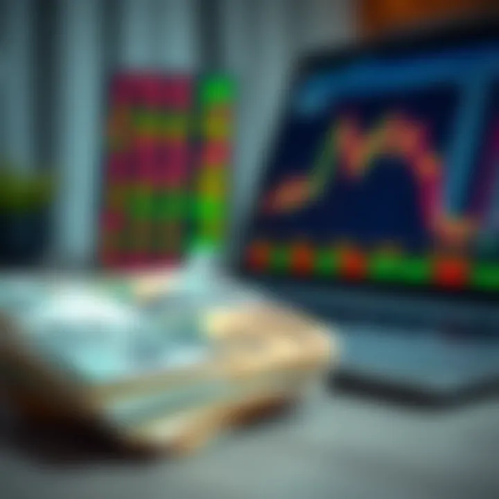 Stack of Nigerian naira notes beside a laptop showing currency exchange rates and trading data