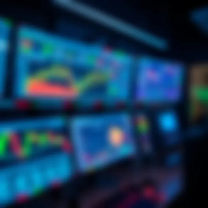 Digital dashboard displaying trading charts and financial data on multiple screens
