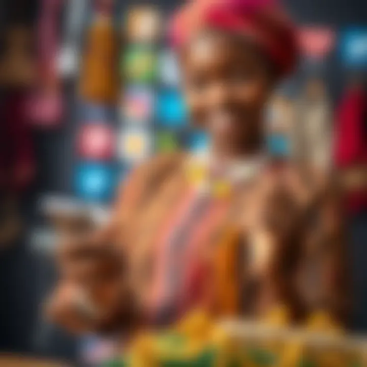 A Nigerian entrepreneur showcasing handmade crafts on a mobile device with social media icons in the background