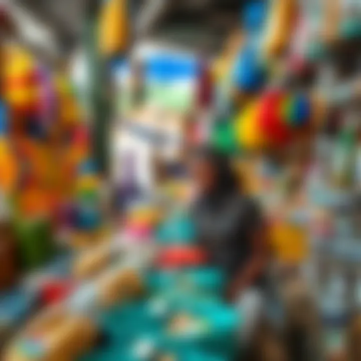 Colorful marketplace with various local products arranged neatly, highlighting vibrant commerce activities