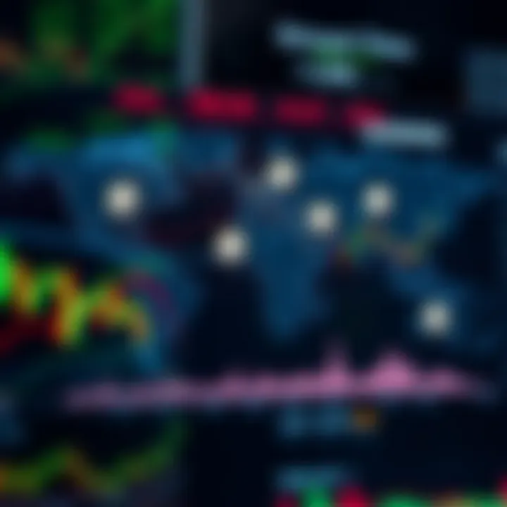 World map showing forex trading sessions across global financial centers with clock icons representing operating hours