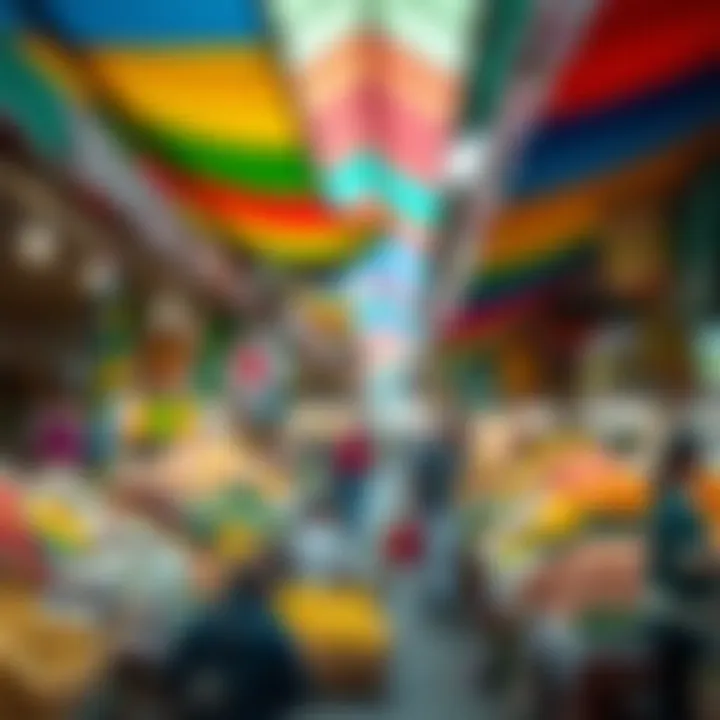 Bustling Kwakol Market with vibrant stalls showcasing fresh fruits and vegetables under colorful canopies