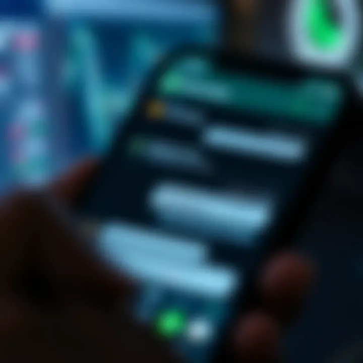 Group chat on smartphone screen displaying cryptocurrency discussion with charts and text messages