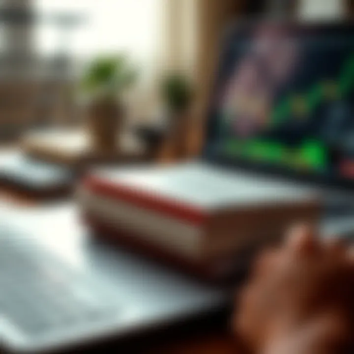 Trading Education and Business Ventures Books and laptop illustrating online trading education and business ventures