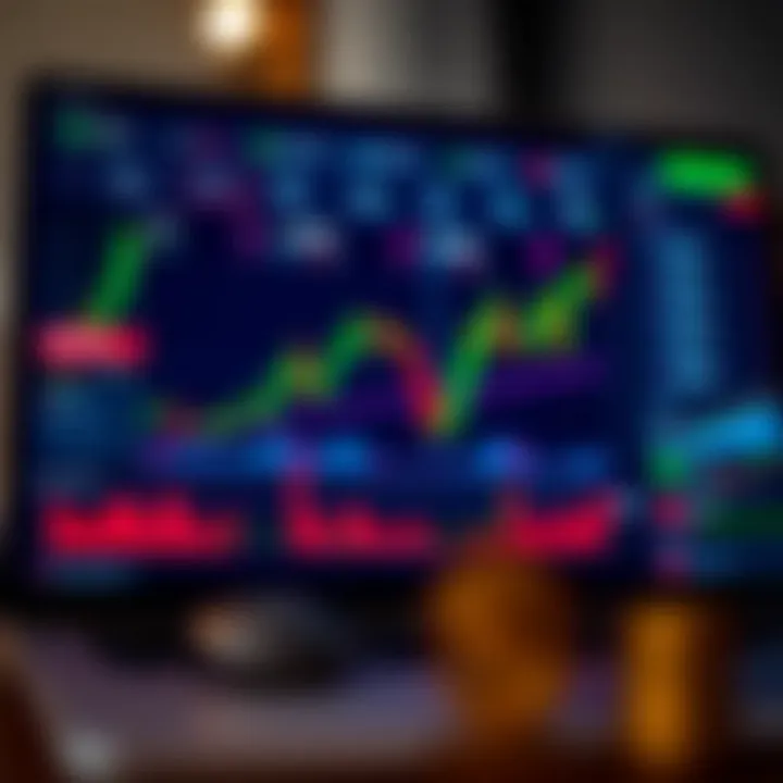 A digital dashboard displaying cryptocurrency trading charts and market analysis in vibrant colors