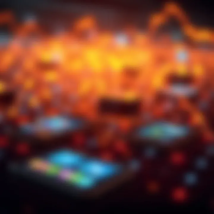 Illustration of mobile devices displaying app icons connected through digital network representing app trading platforms