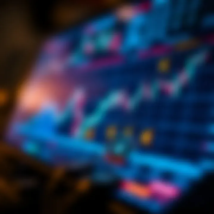 Digital graph showing fluctuating market trends with currency symbols around a mobile trading interface