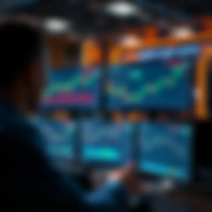Trader analyzing financial charts on multiple computer screens showing market trends