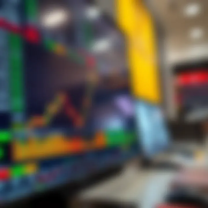 A digital screen showing live financial market data with charts and graphs