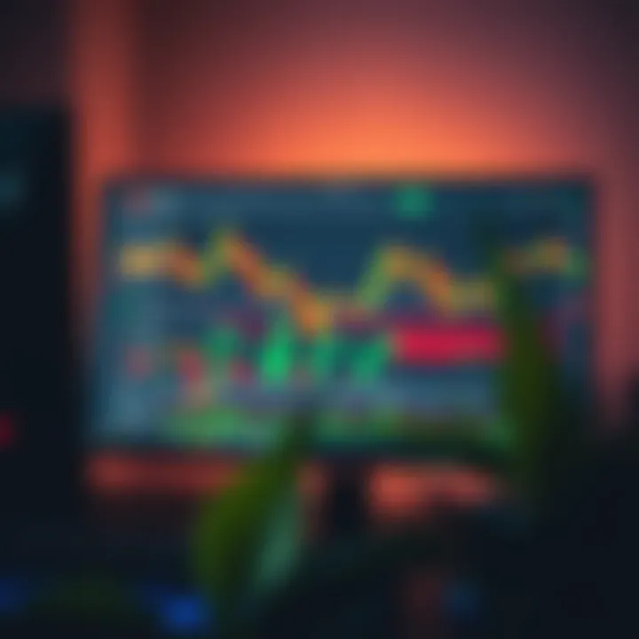 Illustration of a computer screen showing financial market graphs and indicators used in practice trading