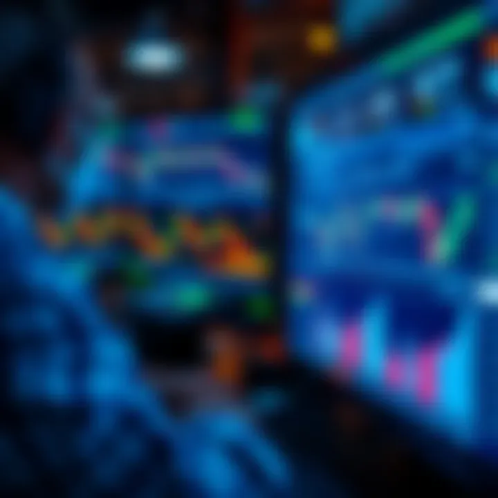 Automated trading system analyzing market data with digital charts and graphs