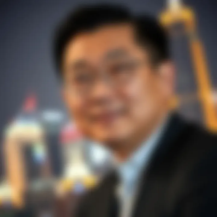 Portrait of Zhong Shanshan with a city skyline background symbolizing business success