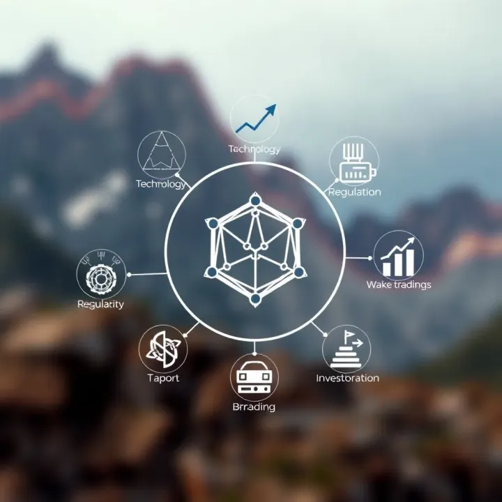 Illustration of factors influencing cryptocurrency market with icons representing technology, regulation, and investor sentiment