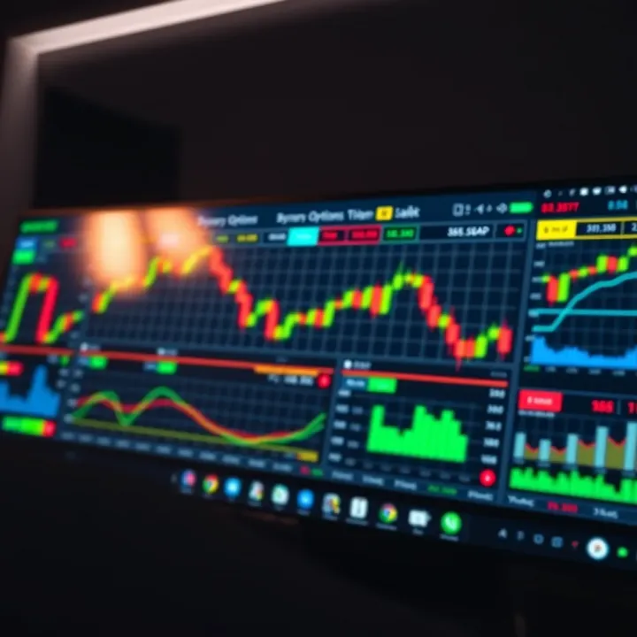 Dashboard of a binary options trading platform showing various trading instruments and charts