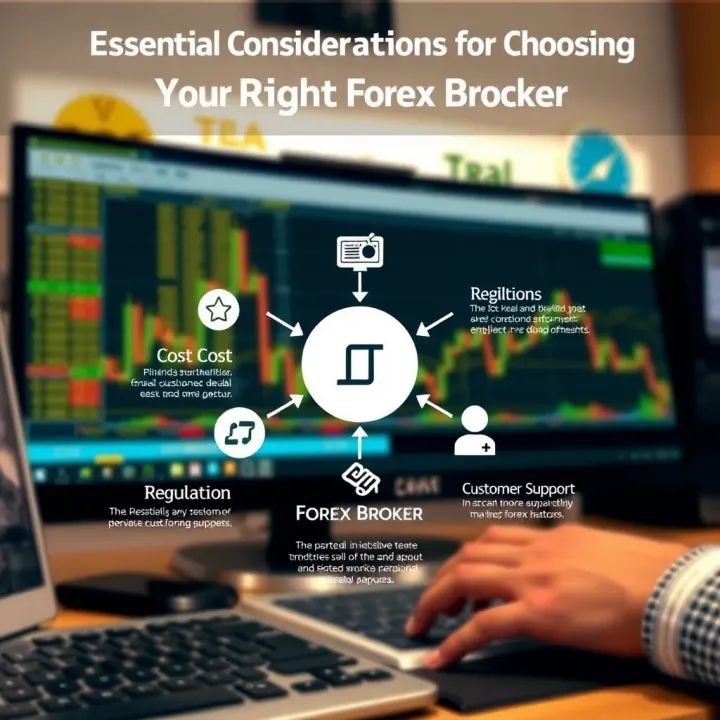 A graphic illustrating key factors like regulation, cost, and customer support for selecting a forex broker