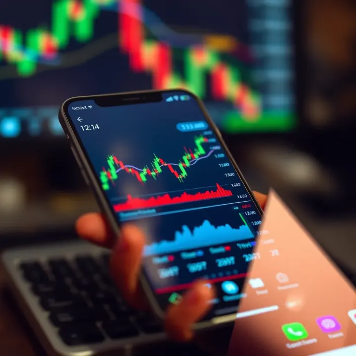 Interface of a trading application showing charts, graphs, and real-time market data on a mobile device