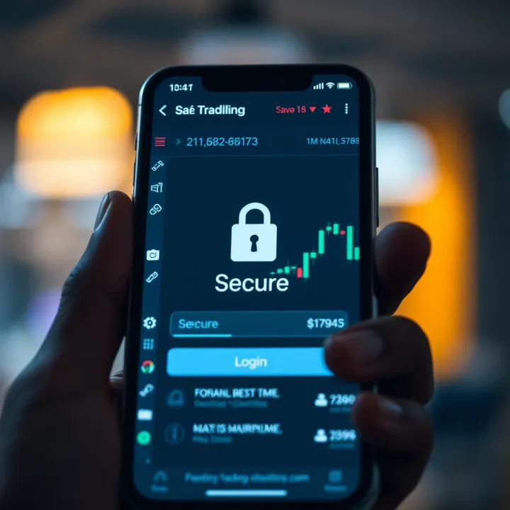 Secure mobile app login screen with financial data, emphasizing safety and encryption for forex trading