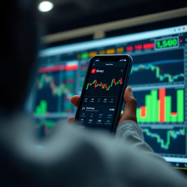 Mobile device displaying binary trading app interface with charts and trading options