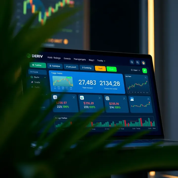 Deriv platform dashboard showing trading options, account balance, and risk management tools