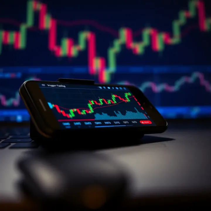 Smartphone showing a financial app with cryptocurrency trading graphs