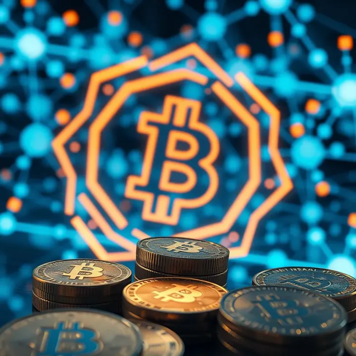 Illustration of digital cryptocurrency coins with a secure blockchain network in the background