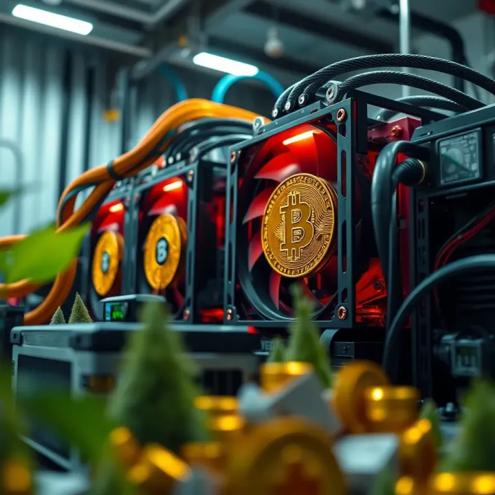 Visual representation of cryptocurrency mining equipment and digital asset growth