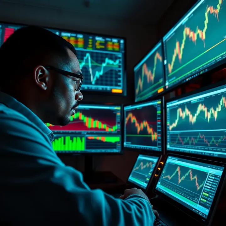 Trader analyzing forex market data with multiple monitors displaying graphs and economic indicators relevant to Nigerian forex regulations