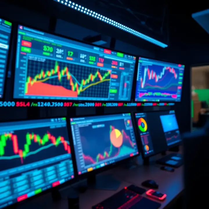 Digital dashboard displaying trading charts and financial data on multiple screens