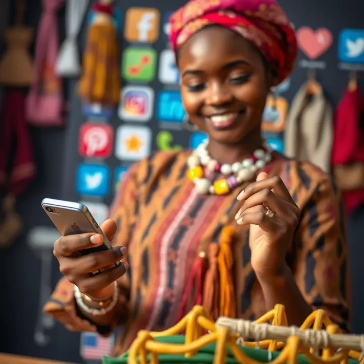 A Nigerian entrepreneur showcasing handmade crafts on a mobile device with social media icons in the background