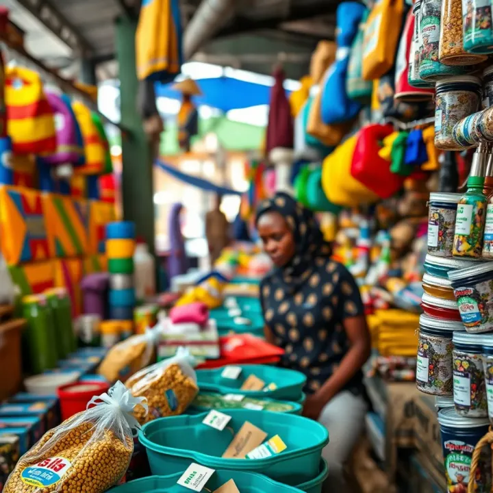 Colorful marketplace with various local products arranged neatly, highlighting vibrant commerce activities