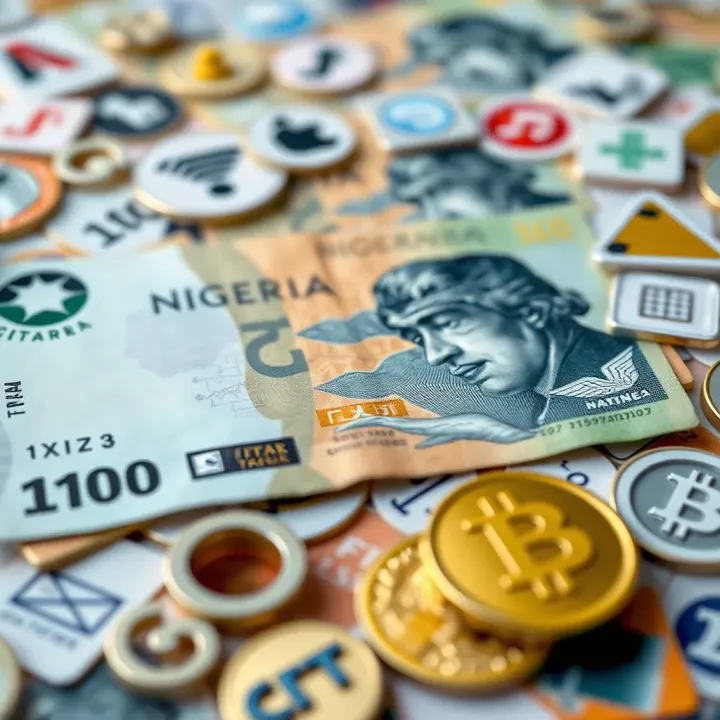 Illustration of Nigerian currency notes alongside various online trading icons