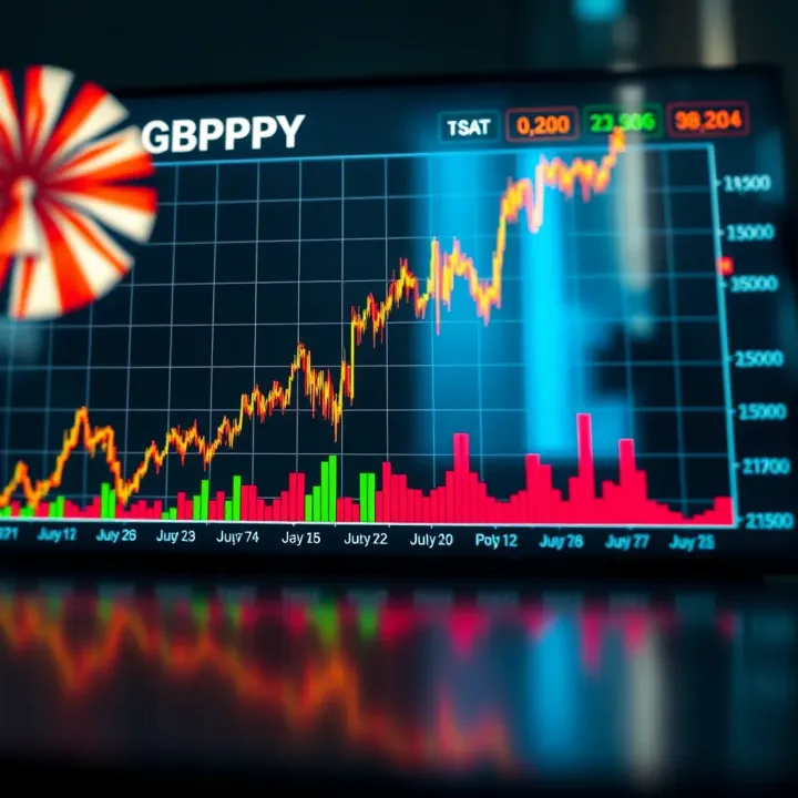 Graph showing the exchange rate trend between the British Pound and Japanese Yen with key economic indicators