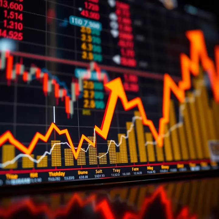 Graph showing bold financial moves with ascending arrows and dynamic market trends