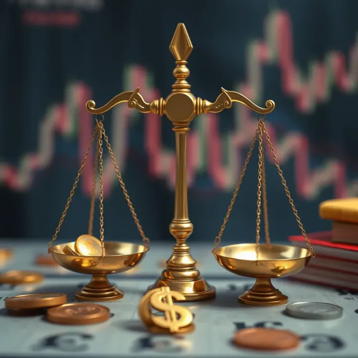 Abstract representation of risk management techniques with balancing scales and currency symbols