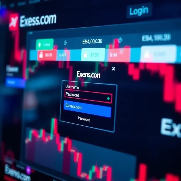 Secure login interface of Exness.com showing fields for username and password