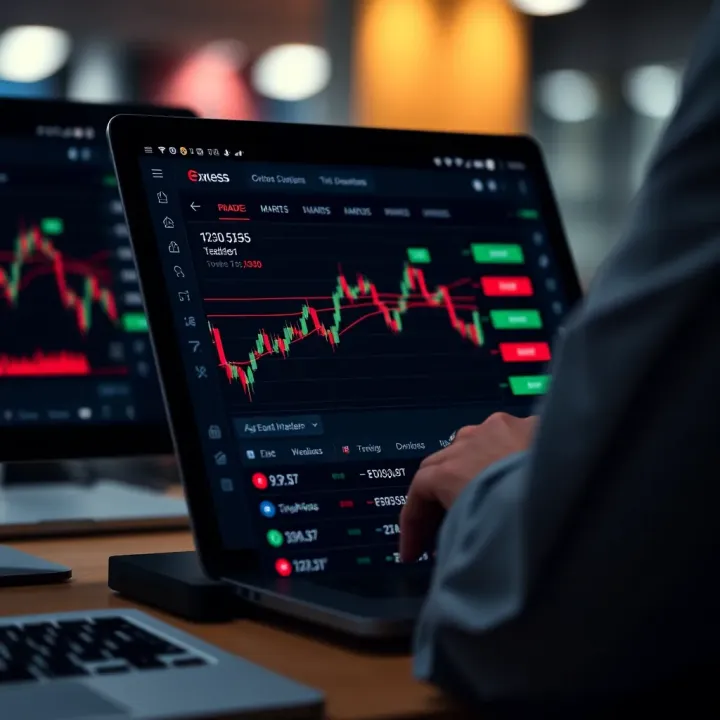 User interface of Exness trading app displaying forex market charts and trading options