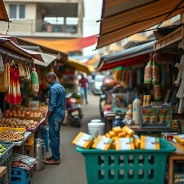 Local market scene with small business stalls showcasing various entrepreneurial ventures