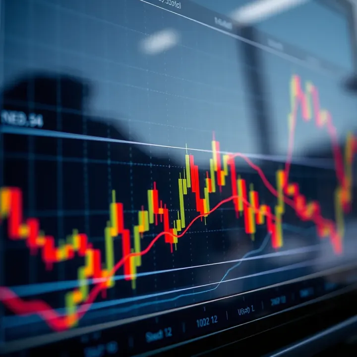 Graph showing upward and downward trends on a digital trading chart