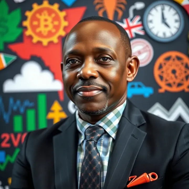 Portrait of Jabulani Ngcobo with a backdrop of his community and industry symbols