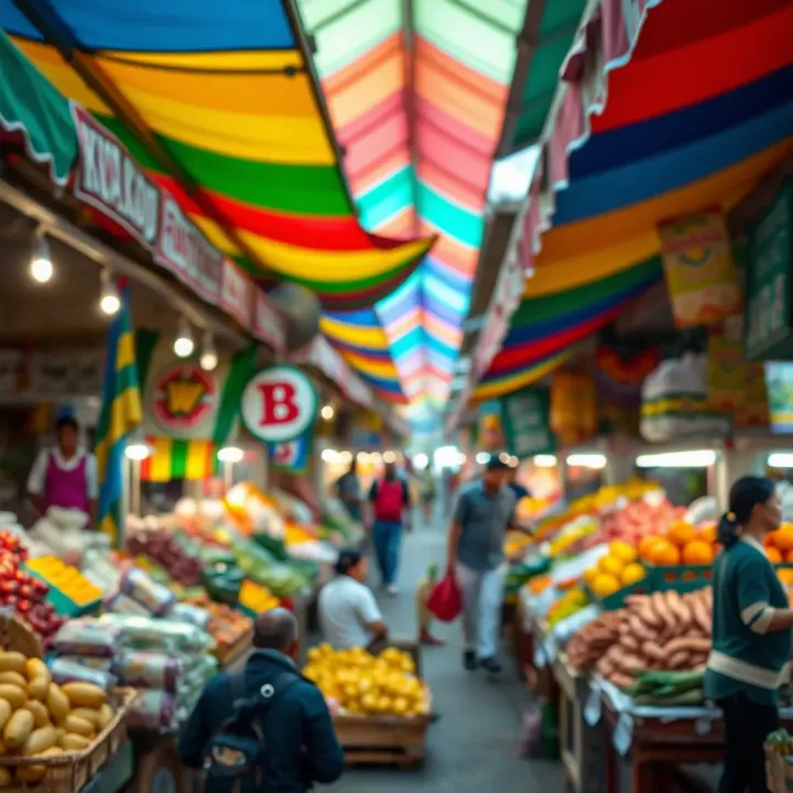 Bustling Kwakol Market with vibrant stalls showcasing fresh fruits and vegetables under colorful canopies