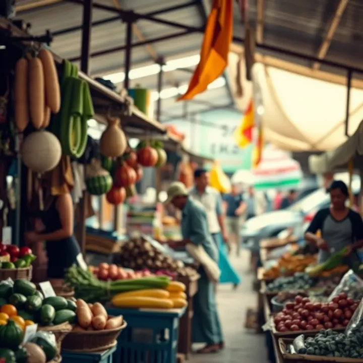 A bustling Kwakol market scene with a variety of fresh produce and handcrafted goods on display