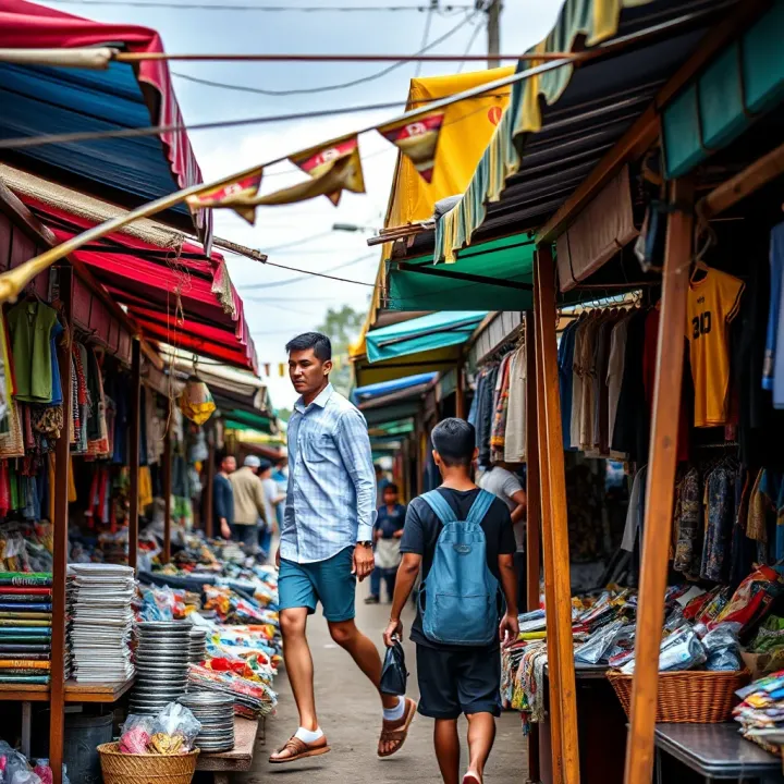 Traditional trading stalls showcasing diverse merchandise under colorful canopies in a lively market environment