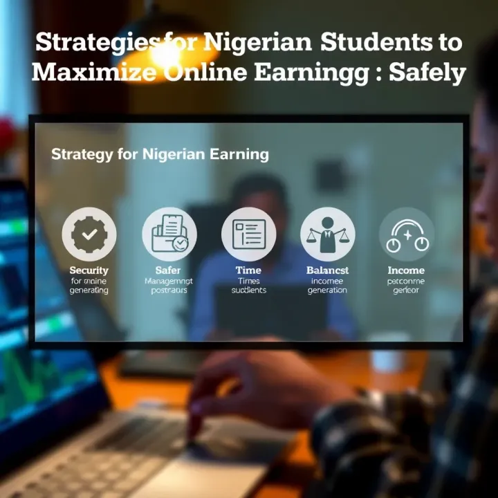 Graphic showing safe online earning tips with symbols for security, time management, and balance between studies and income generation